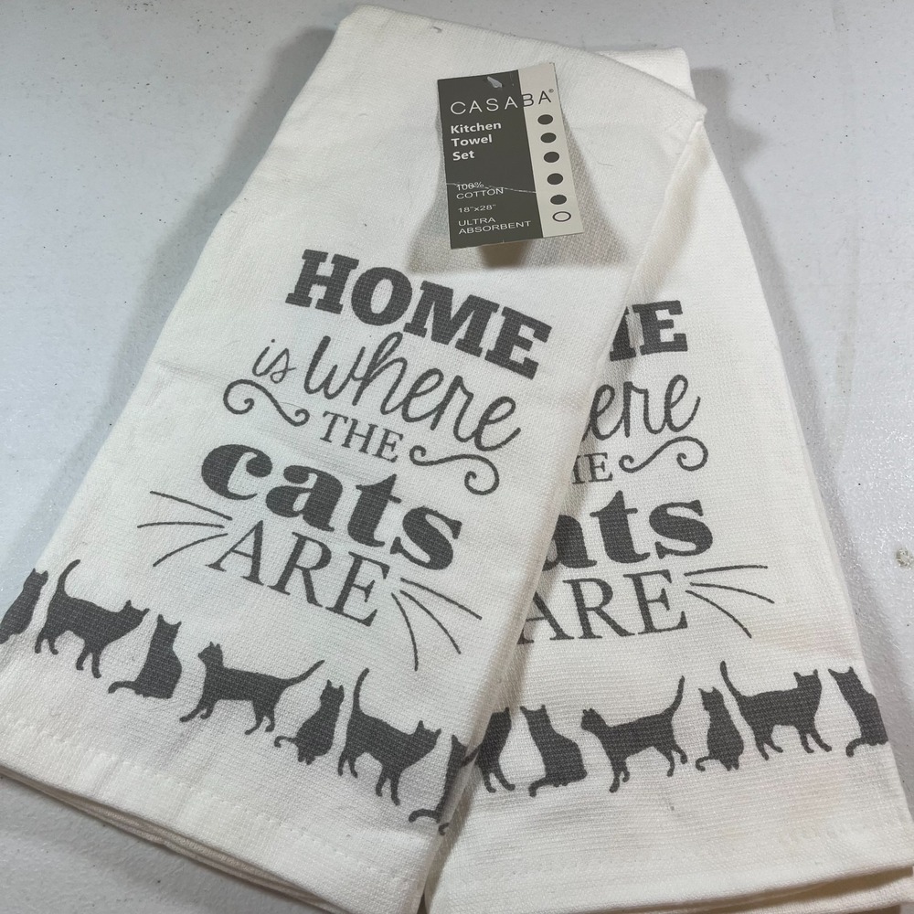Casaba Cat Kitchen Towels Set Home Is Where the Cats Are 100% Cotton 18x28 New